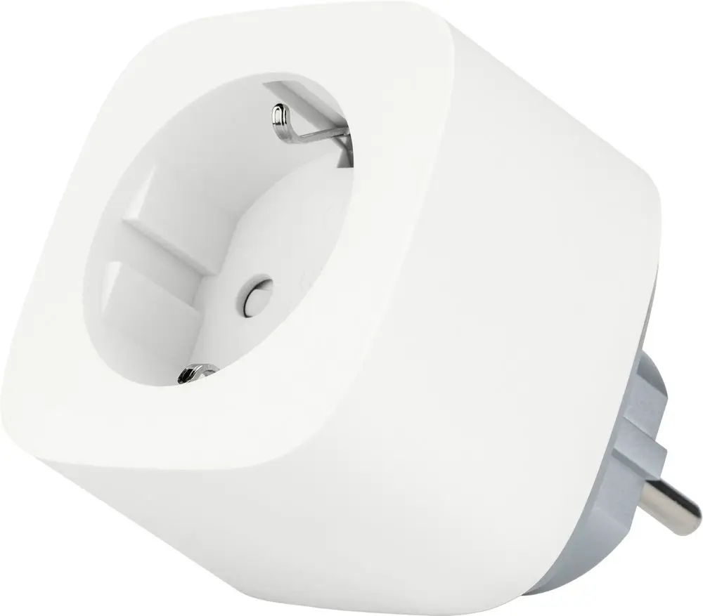 Weißer Steckdosenadapter mit runden Öffnungen und integriertem Schalter. Hersteller ist Bosch. Der Adapter ist für die Verwendung mit Smart-Home-Systemen konzipiert.